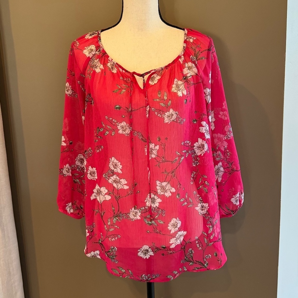 AGB Women's Sheer Red Floral Printed 3/4 Sleeve Blouse, Size Large